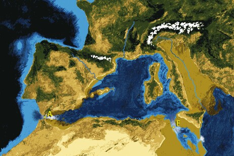 Rappresentazione grafica dell'alluvione Zancleana (fonte: Paubahi da Wikimedia CC BY-SA 3.0)