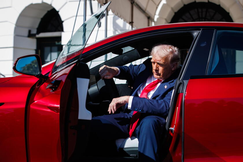 US President Trump views Tesla vehilces in front of the White House