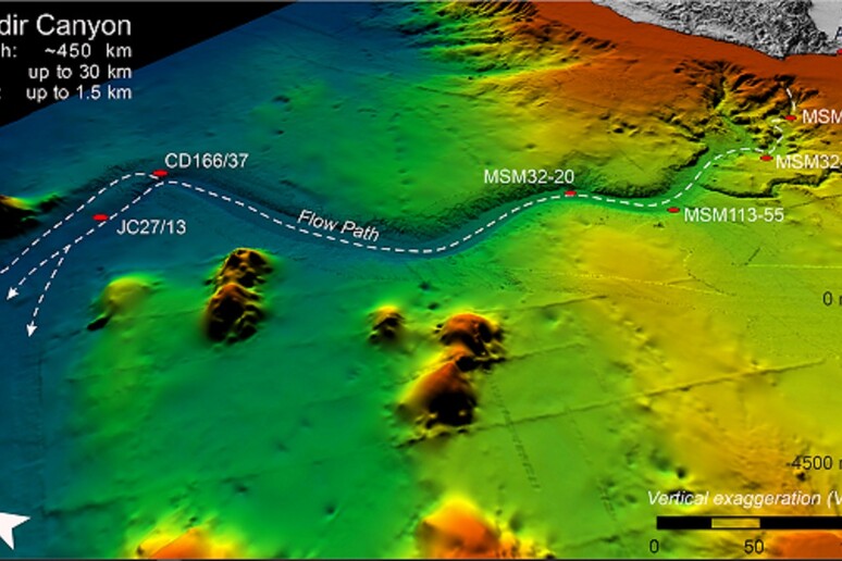 Il cammino della frana sottomarina lungo l’Agadir Canyon nell’Oceano Atlantico (fonte: Christoph Bottner, Aarhus University) - RIPRODUZIONE RISERVATA